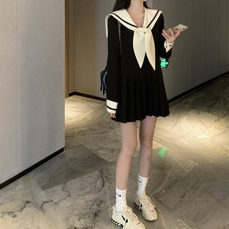 Academy Wind Black Ocean Dress Women Dress New 2022 Spring Dress First Romance Ensemble Navy Collar Small Temperament Short Skirt