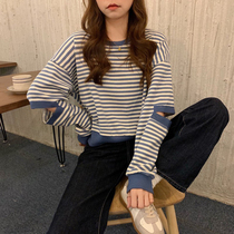 2022 New design sensation Small crowdsourced chic harbor Taste Dash Striped American Blouse Spring Autumn Slim Fit Clothing womens clothing
