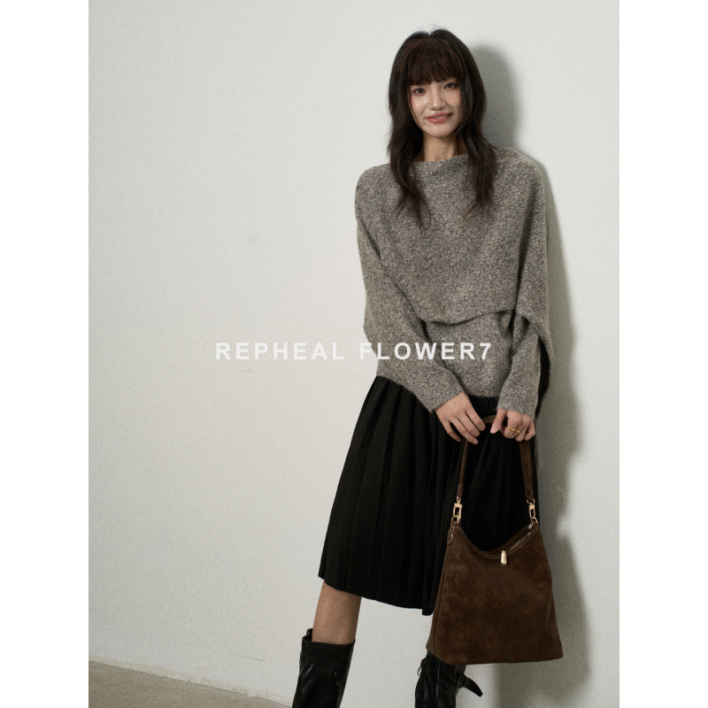 【7画的花 Flower7】High-End, Elegant, Casual, Thickened, Fake Two-Piece Spliced Knitted Sweater for Women in Winter