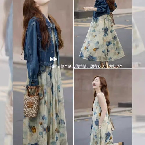 Джинсовая куртка, платье-комбинация, комплект без рукавов, изысканный стиль