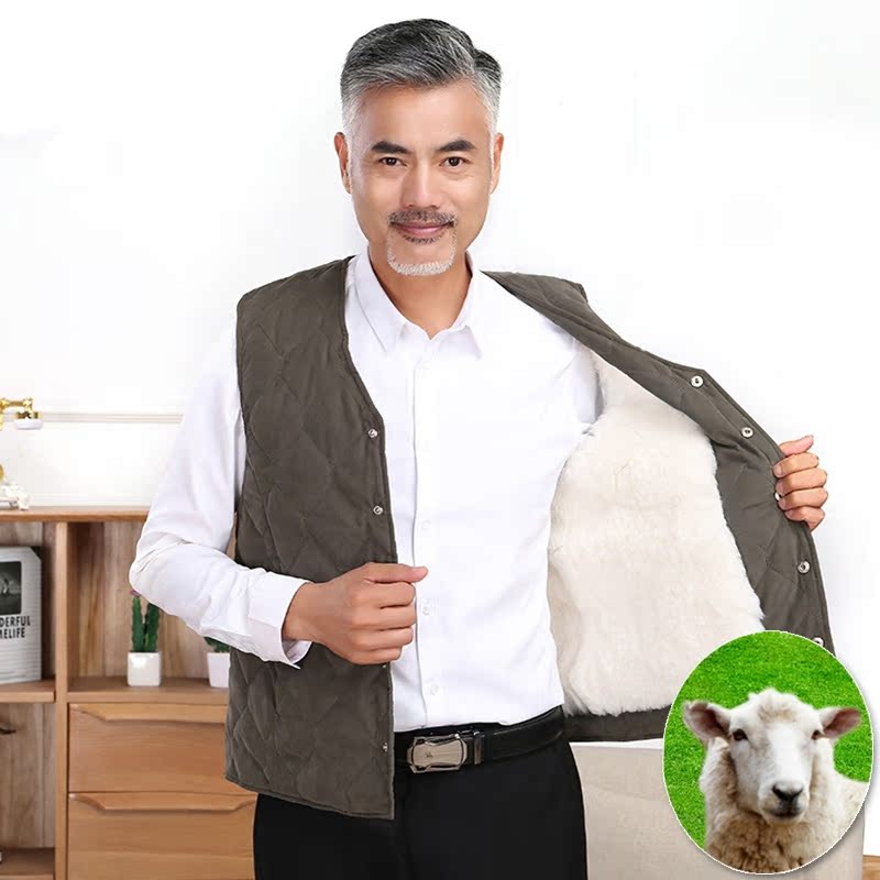 中老年背心羊皮毛一体马甲男羊毛马夹秋冬季加厚绒棉衣服保暖坎肩