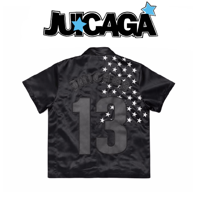 Juicaga Night Racer Club Star and Stripe Patchwork Embroidered Satin Shirt Juicaga Night Racer Club Star and Stripe Patchwork Embroidered Satin Shirt