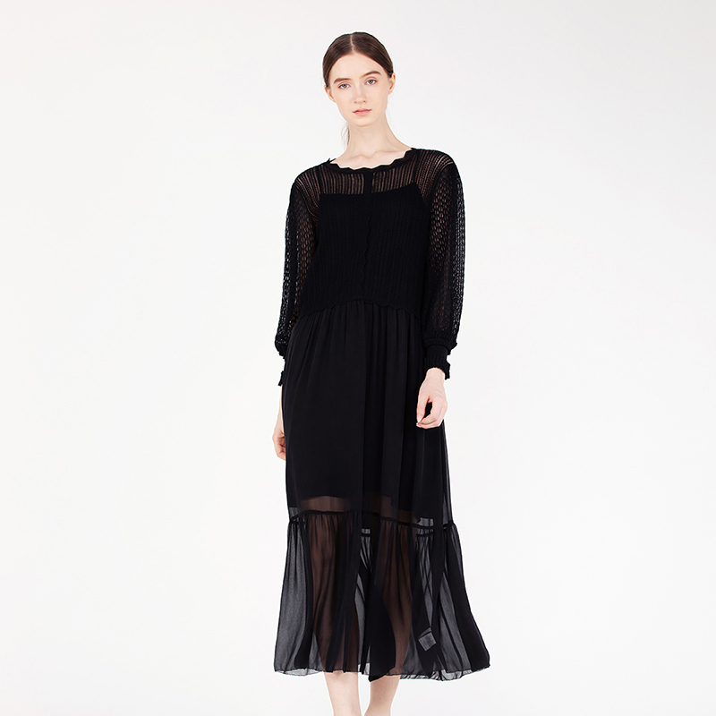 Readme Autum Women's Silk Splicing Knitted Women's Slim Black Cut Out Long Dress 60218148