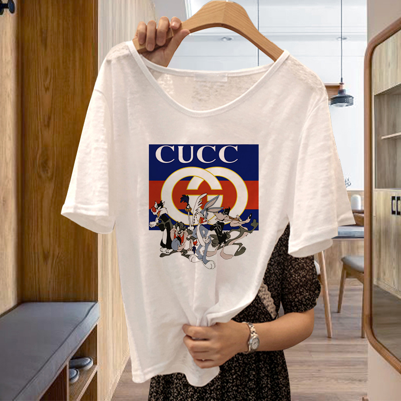 Brand Discount Women's Clothing Special Cabinet Clear Cabin Summer Loose Large Version White Bamboo Festival Cotton Printed T-Shirt Woman Short Sleeve Blouse