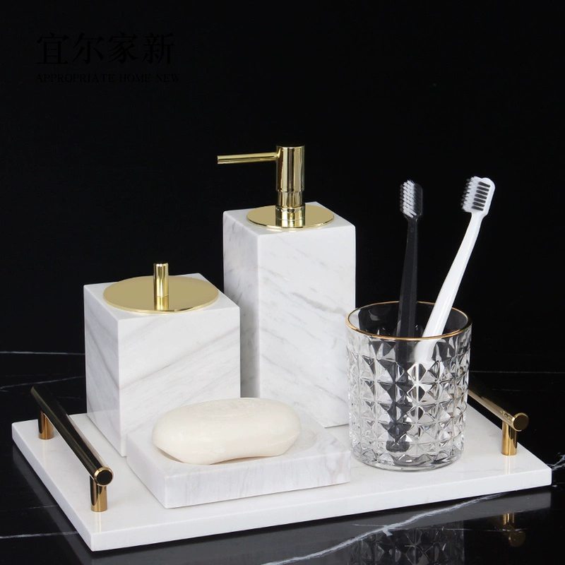 Bộ phòng tắm bằng đá cẩm thạch 5 món, bộ rửa nhà vệ sinh, chai kem dưỡng da, ánh sáng sang trọng kiểu Bắc Âu, trang trí phòng mẫu phòng tắm - Trang trí nội thất