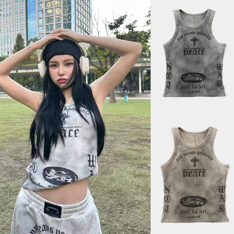 Korean Badblood American Retro Distressed Letter Print Tank Top Spicy Girl Camisole Niche Top Trendy