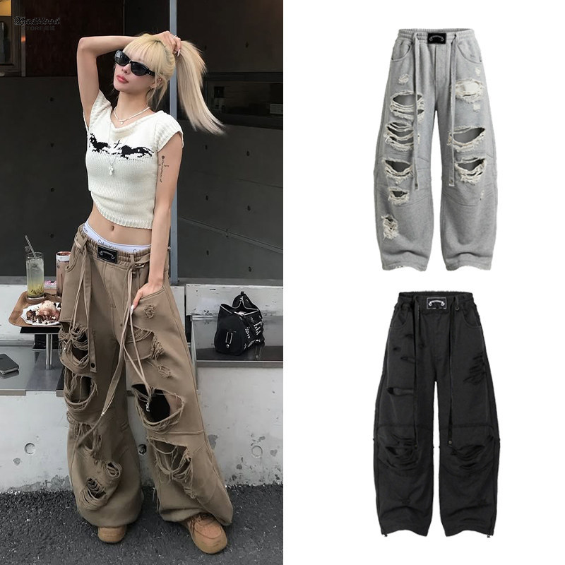 Badblood Miyawaki Saki-Style Ripped Scimitar Pants, Hot Girl Dance Pants, Frayed Hem Workwear Wide-Leg Pants