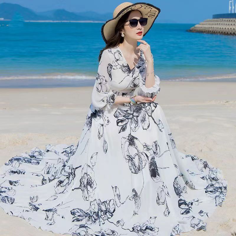 Vacation Style White Chiffon Floral Long-Sleeved Dress for Women, Summer 2026 New Style, Ankle-Length Long Skirt