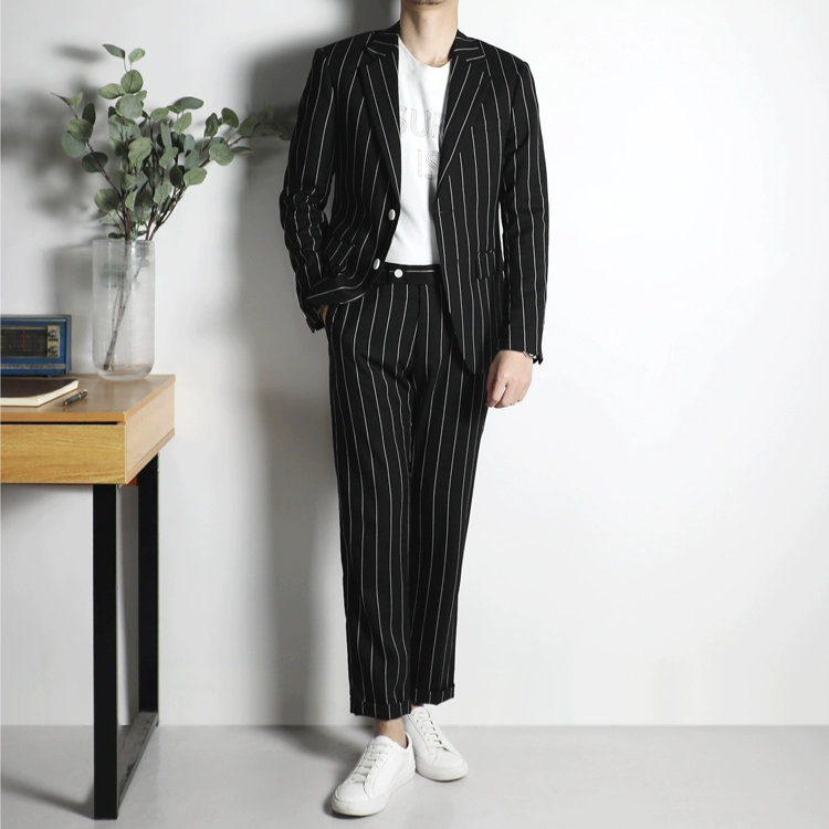 BIGGEZI British high street thin slim slim suit suit black sọc dọc tính khí giản dị phù hợp với hai mảnh - Suit phù hợp