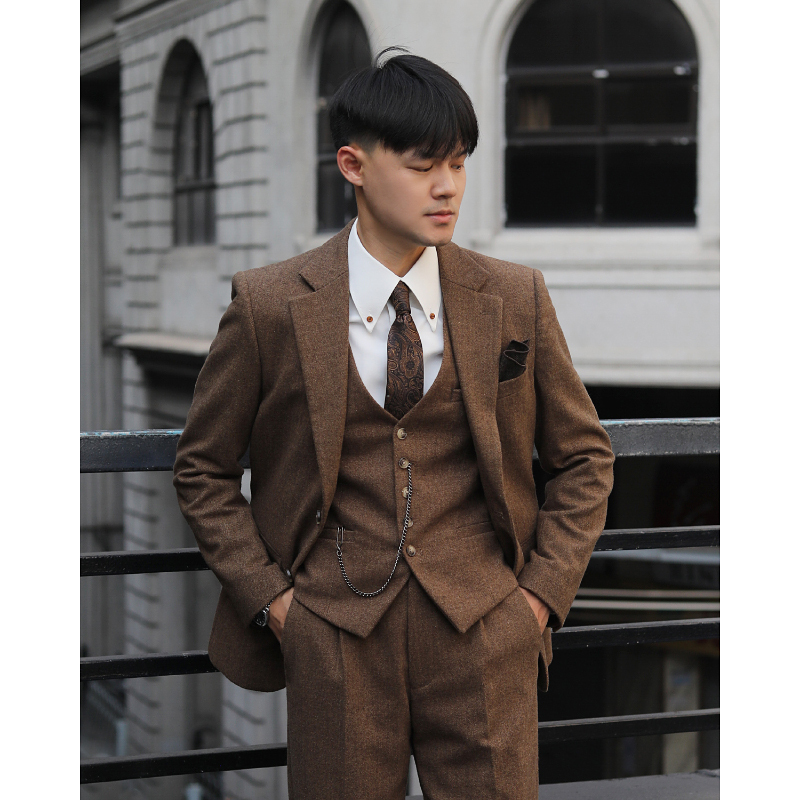 Retro British Yuppie Coffee-Colored Casual Wool Tweed Herringbone Slim-Fitting Artistic Sweet Tea Suit Jacket