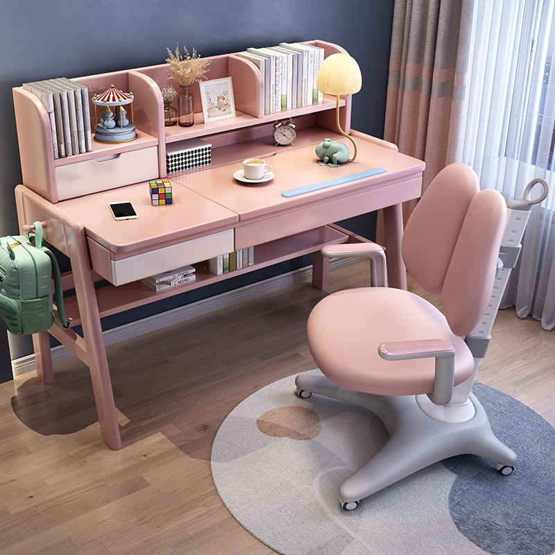 Children study table and chairs suit Lift home desk solid wood desks Desk Kids Desk Bookshelf Composition