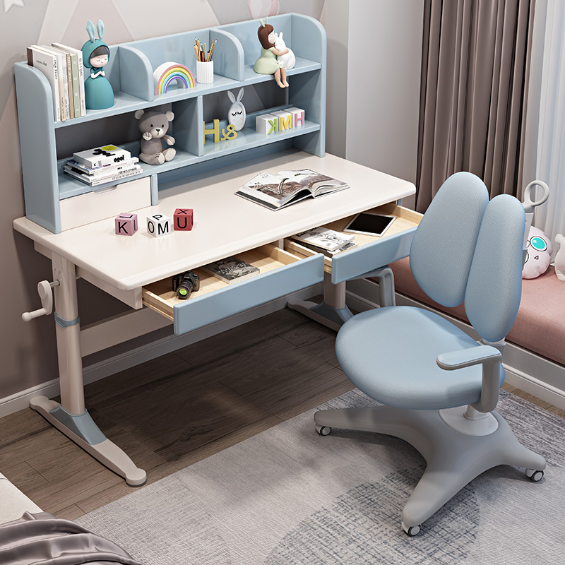 Children solid wood desk Bookshelf combined with lifting class table and chairs suit Elementary school children's desk Home Study desk desk