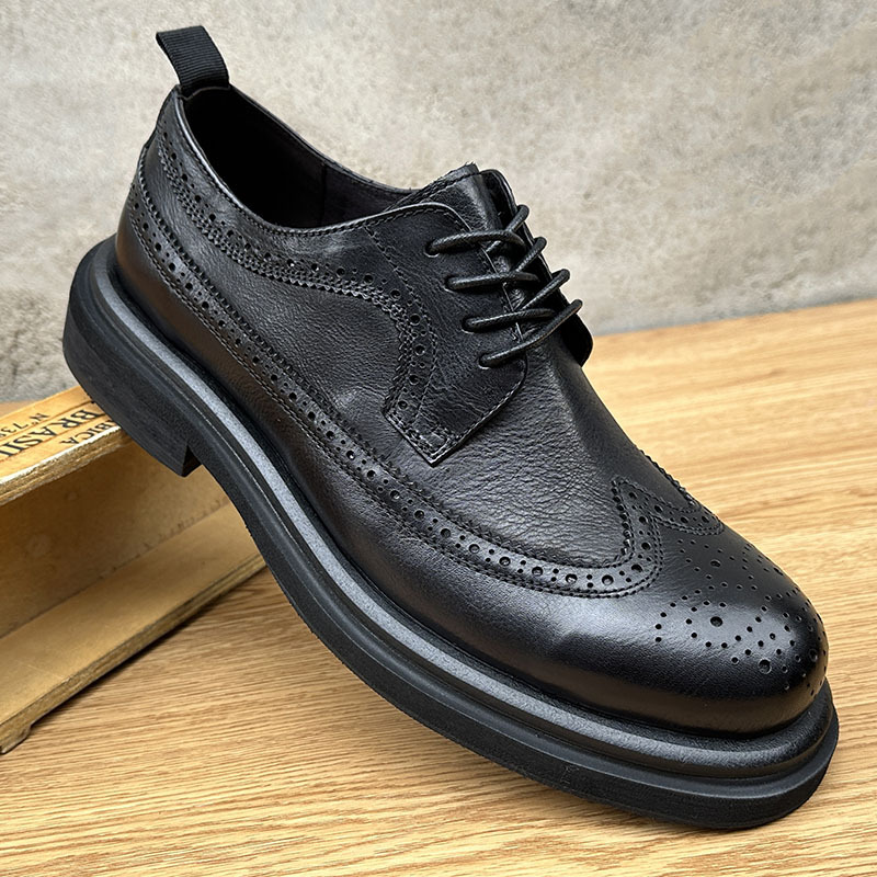 Brogue Carved Men's Shoes, Genuine Leather, Handmade, Retro Casual Shoes, British Style Business Formal Leather Shoes, Height-Increasing Wedding Shoes