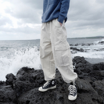  Cola life homemade Japanese loose large pocket BF drawstring French overalls American retro straight pants men and women