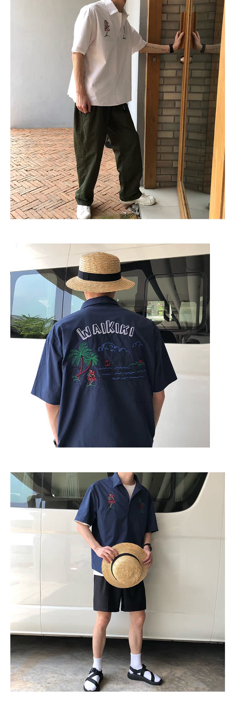 Tự làm waikiki Ami embroidery Cây dừa Hawaii thêu áo sơ mi tay ngắn Nhật Bản nam và nữ - Áo quần jean áo sơ mi