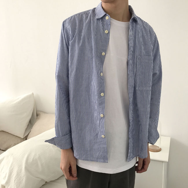 自制 薄款日系复古 学院风简约宽松小码基础竖条纹长袖衬衫 男女