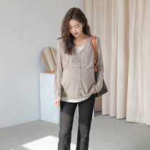 Spring new maternity wear Korean version lazy style thin layered long-sleeved sweater fashionable fake two-piece cardigan jacket