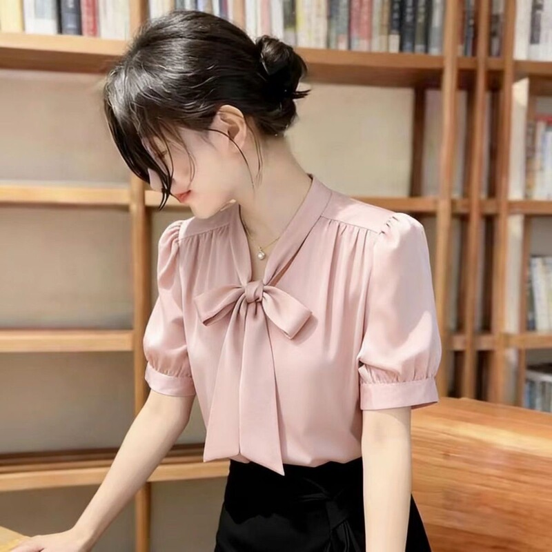 Bow Tie Ribbon Short-Sleeved Chiffon Shirt for Women, Summer Professional Work Attire, Formal Interview Top with Ol Style Bow Tie Ribbon Short-Sleeved Chiffon Shirt for Women, Summer Professional Work Attire, Formal Interview Top with Ol Style