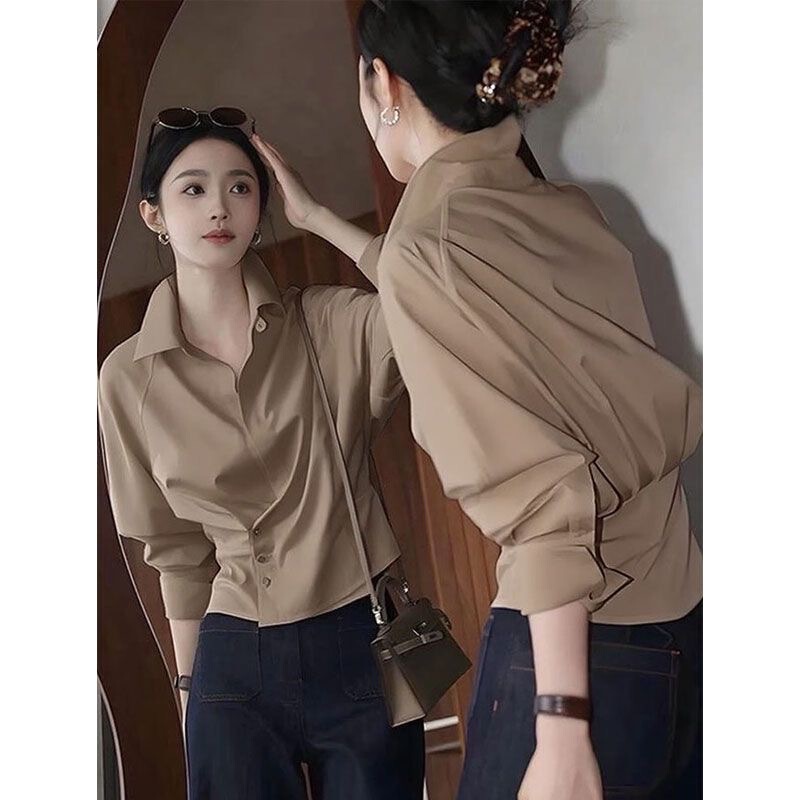 High-End Retro Coffee-Colored Lapel Long-Sleeved Shirt for Women 2025 New Autumn Fashionable and Stylish Waist-Cinching Short Shirt High-End Retro Coffee-Colored Lapel Long-Sleeved Shirt for Women 2025 New Autumn Fashionable and Stylish Waist-Cinching Short Shirt