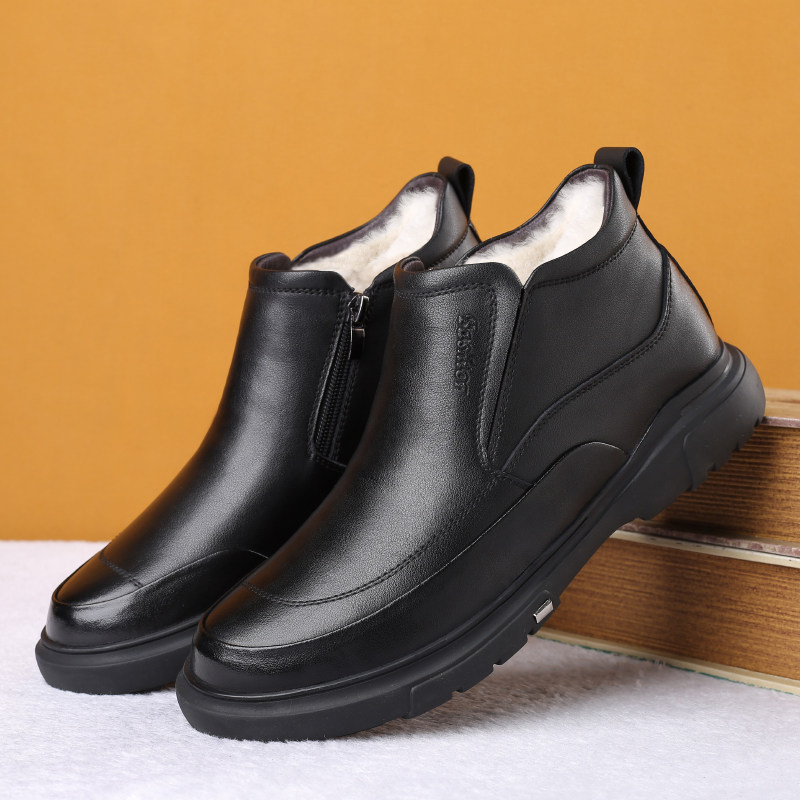 Winter warmth plus suede thickened cotton shoes men genuine leather high help wool men's ground cotton leather shoes Soft bottom middle aged daddy shoes-Taobao