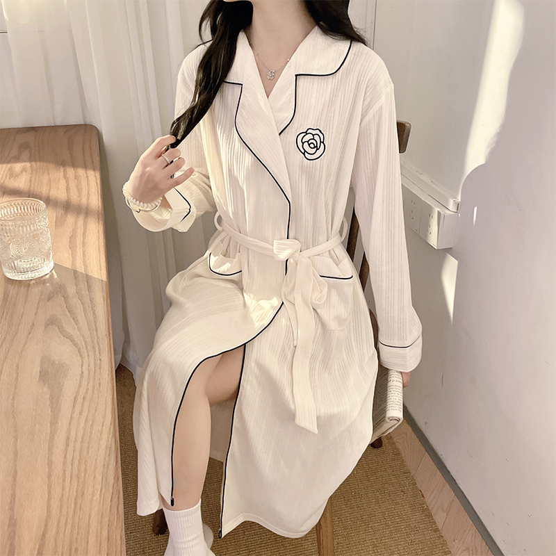 Pure Cotton Nightgown Spring and Summer Women's Long Bathrobe with Ties Nightgown Dress 2026 New Trendy Autumn and Winter Loungewear