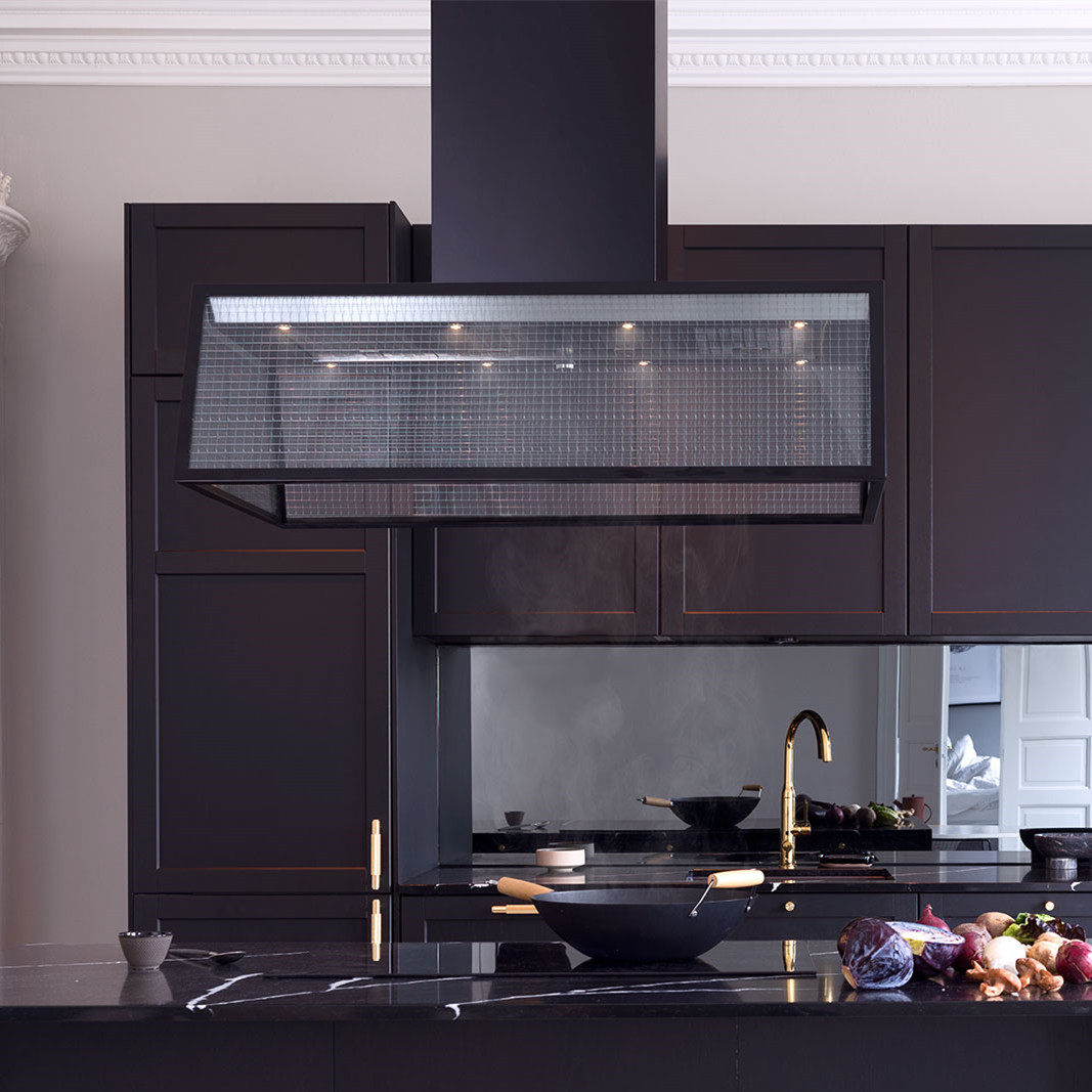 Nordic Sweden imports fjaraskupan black white Prisma glass art 100cm mid-island range hood