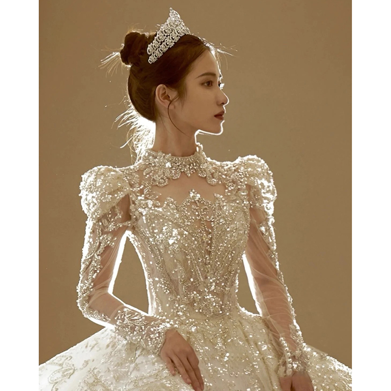 French Wedding Dress 2022 New Bridal Long Sleeve Heavy Industry Luxury Big TrailIng High Quality Texture Court Style Main Yarn