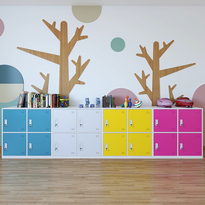 Kindergarten students with lock-in bag cabinet children's color collector closet in closet classroom steel locker