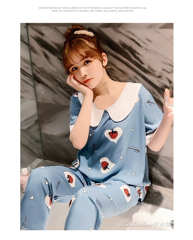 Mùa hè cotton lụa pijama nữ quần ngắn tay mỏng mùa xuân và mùa thu mùa hè nhà lưới màu đỏ cotton lụa dịch vụ nhà phù hợp - Nam giới