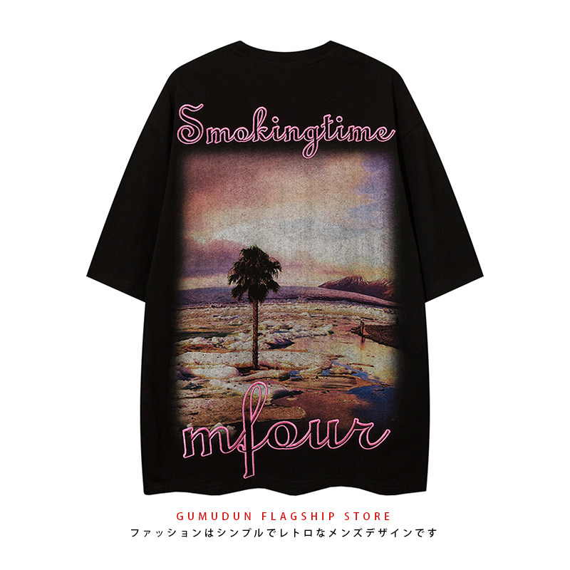 GUMUDUN ins scenic letter short sleeve T-shirt male and female trend easing lovers half sleeve American retro summer tide