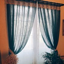 Retro peacock blue American countryside pastoral finished curtain window screen living room balcony floor-to-ceiling window bedroom bay window