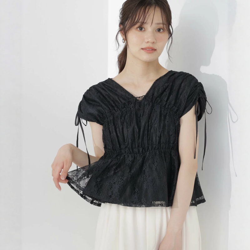 Japanese Style Short-Sleeve Drawstring High-Waisted Short Elegant Lace Top 45L
