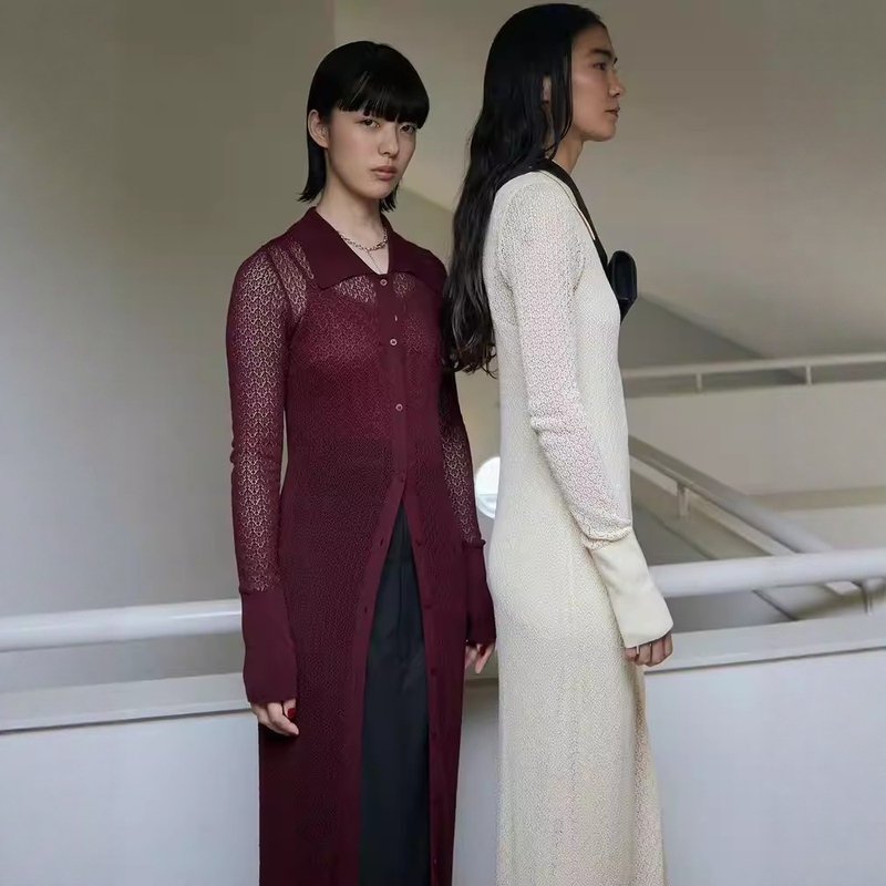 Japanese Brand, Moon, Long-Sleeved, Lapel, Slim Fit, Mature Style, Knitted Dress, Long Dress 19P