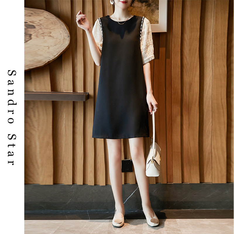 Sandro Star Fabrages Hepburn Bubble Sleeves Ocean Dress Woman Summer Large Size Cut-in-age Slim Splicing Lace Dress