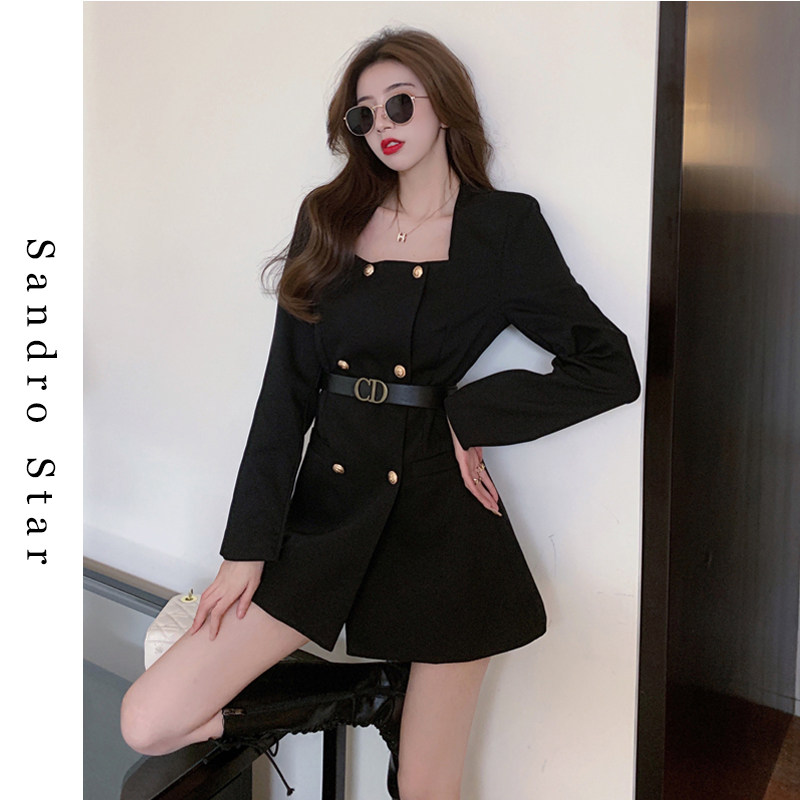 Sandro Star High-end double-row buckle square collar dress lady Spring and autumn style Temperament Cashew slim black A word dress