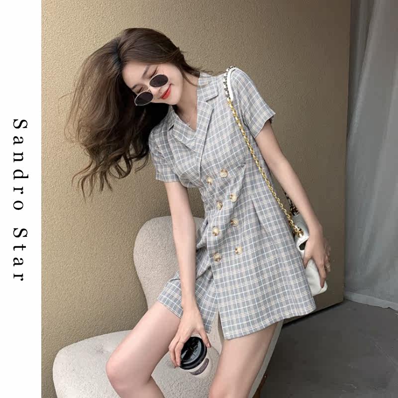 Sandro Star fa Style Plaid Suit Women's Summer New Design Sensation Double Row Buttoned Cashew Short Skirt