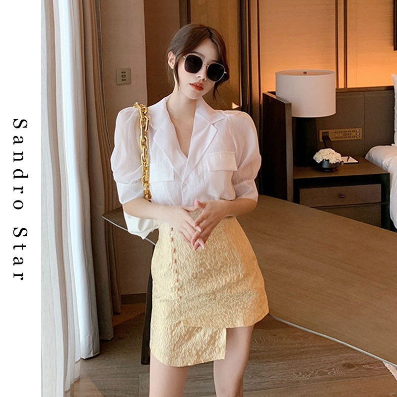 Sandro Star Fab-style light-cooked wind high-end name Yuanyuan Two-style suit Women's summer design Feminiskirt Temperament Short Skirt