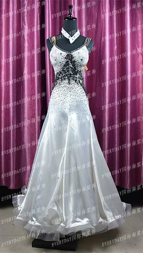 士白色贴花黑色腰封大摆 华尔兹舞裙连衣裙 摩