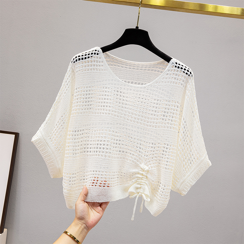 Short Ice Silk Mesh T-Shirt for Women, Summer Thin Hollow-Out Short-Sleeve 2026 New Style, Loose Sun Protection Cover-Up to Pair with Skirts