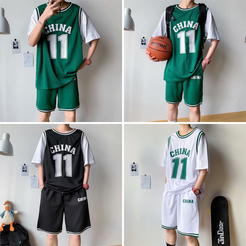 China team No 11 basketball sports suit men's tide fake two-piece class suit Summer girls blue jersey couple two-piece suit