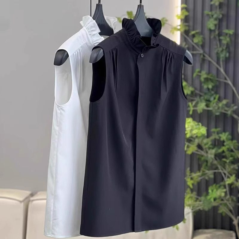 Шифоновая рубашка без рукавов, женская весенняя новинка 2025 года, кружевной жилет свободного кроя с воротником-стойкой, повседневная рубашка-топ
