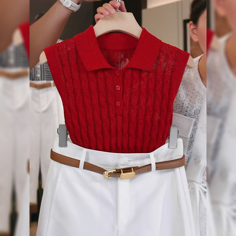 Red Polo Collar Sleeveless Knitted Vest for Women, 2026 Summer New Style, Suitable for Layering or Wearing Alone, Slimming and Elegant Tank Top Red Polo Collar Sleeveless Knitted Vest for Women, 2026 Summer New Style, Suitable for Layering or Wearing Alone, Slimming and Elegant Tank Top