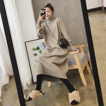 2021 autumn and winter New with coat high collar middle length over the knee with knitted sweater dress children