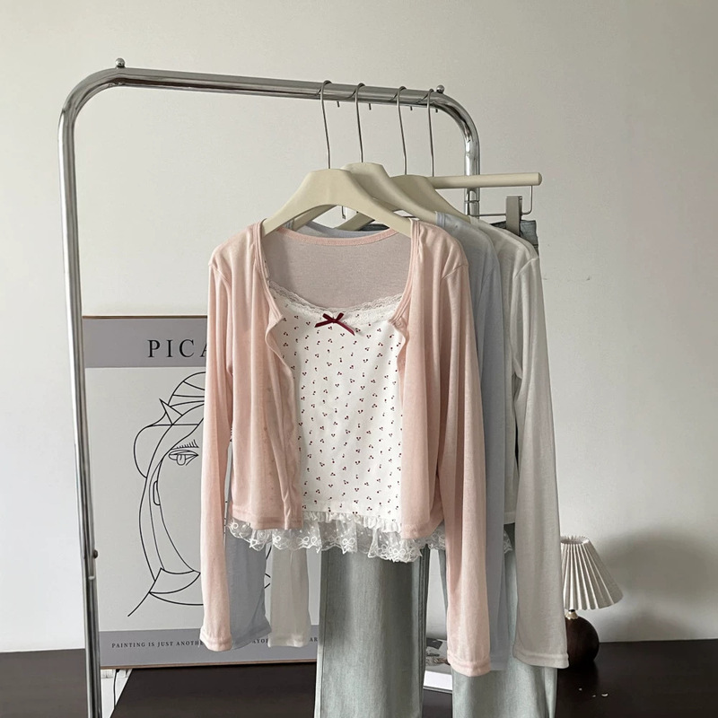 Girly Style Printed Two-Piece Set for Women, Long-Sleeved Lace Trim Bow Summer Top for Inner Wear or Outer Wear Girly Style Printed Two-Piece Set for Women, Long-Sleeved Lace Trim Bow Summer Top for Inner Wear or Outer Wear