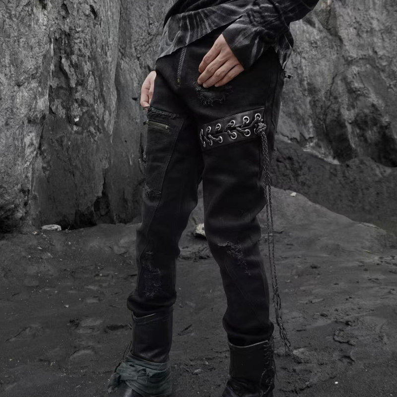 The Space between Us《Hunting》Visual Rivet Patchwork Leather Zipper Drawstring Slim-Fit Pants with Straps
