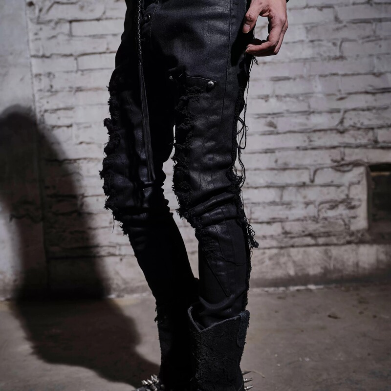 The Space between Us《Scar》Visual Style Slim Drawstring Knife-Cut Distressed Skinny Wax Pants