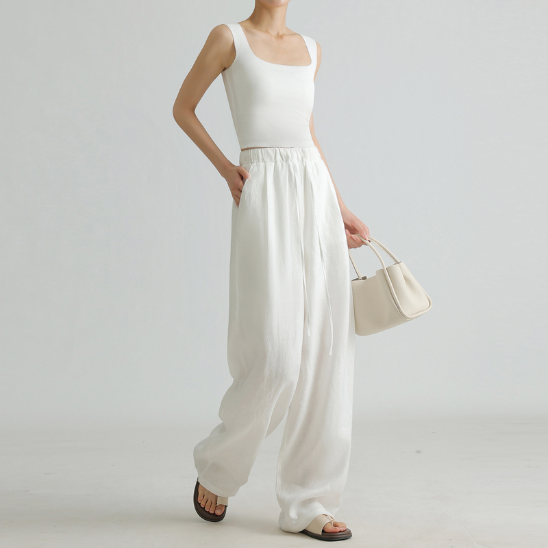 Zhuang Zhou 2026 Summer Thin 100% Heavy Linen Wide-Leg Pants White Elastic Breathable Floor-Length Pants Women's Casual Pants