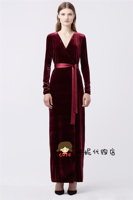 DVF17 autumn and winter slim fit and thin lace-up V-neck burgundy velvet dress