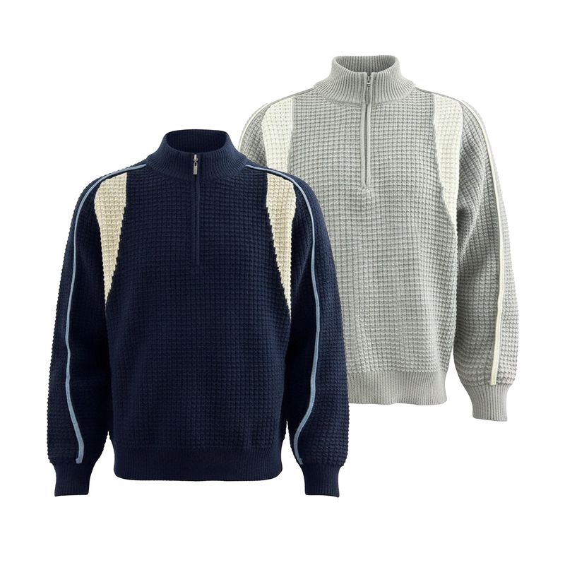 Dehz25Fw Men's Sweater with a High-End Feel, Color-Blocking Design, Casual Loose Half-Zip Knitwear for Autumn and Winter