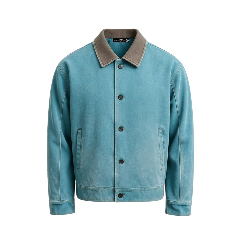 Dehz26Aw Peacock Green Washed Jacket with Salt-Washed Distressed Short Wide Boxy Fit Cleanfit Trendy Versatile Top